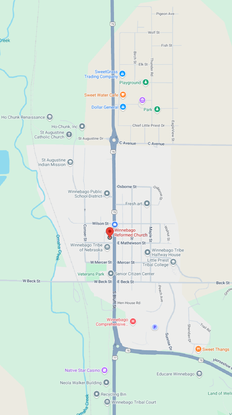 Map of the town of Winnebago, Nebraska, showing location of church